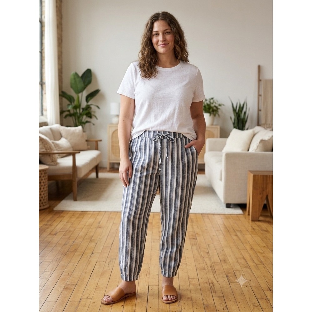 Per Se Blue White Striped Linen Blend Jogger Pants Womens XL Drawstring Casual